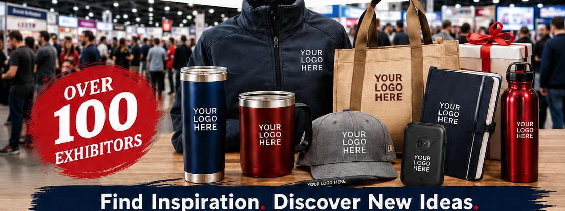 Promotional apparel, drinkware, bags, notebooks, gifts and a busy trade-show floor